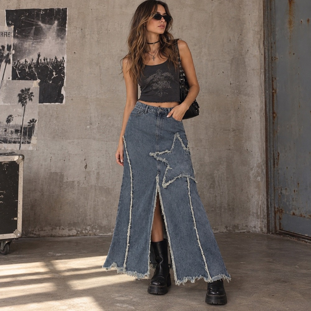 ROMWE Star Denim Maxi Skirt S Distressed Split Hem Y2K Grunge Indie Sleaze Punk